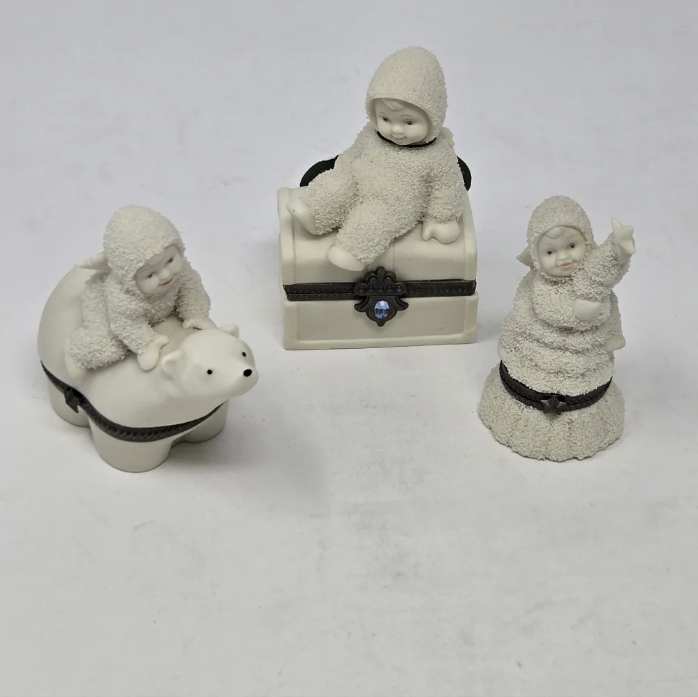 VINTAGE DEPARTMENT 56 SNOWBABIES HINGE SMALL TRINKET BOX SET OF 3 COLLECTIBLE